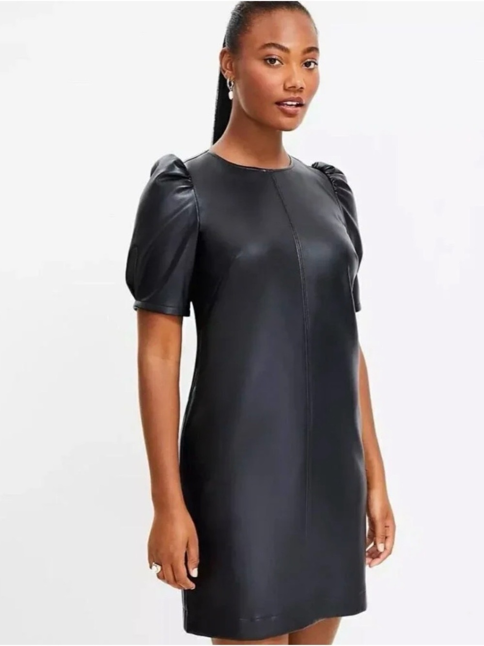 LOFT Black Puff-Sleeve Vegan Leather Shift Dress